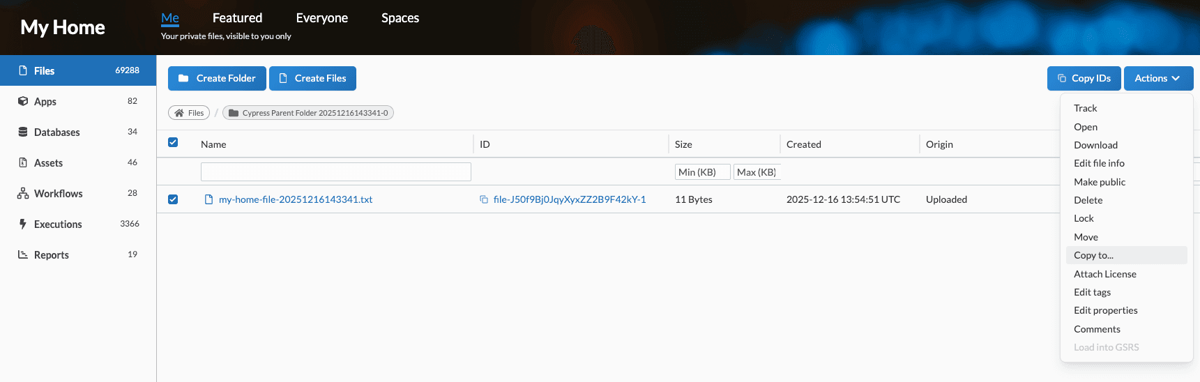 Transferring data from My Home to a Space - Actions menu