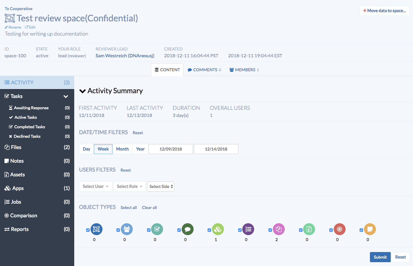 Active Confidential review space with Activity Summary and expanded filter options