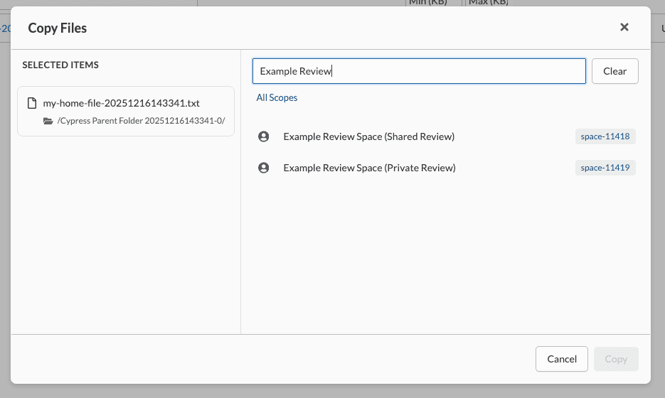 Transferring data from My Home to a Space - Copy menu