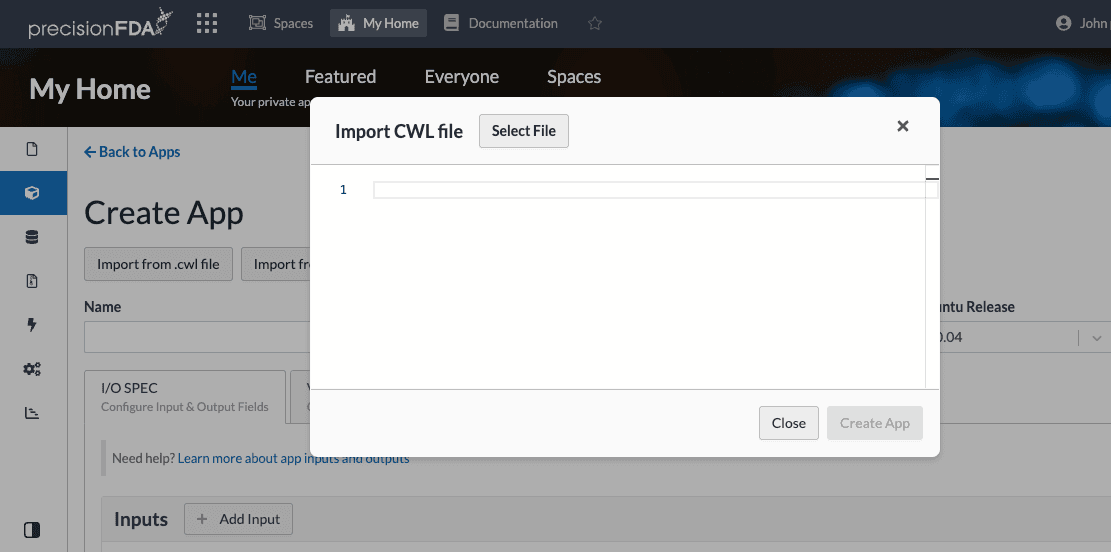 Create an App with import options for CWL,WDL files and fields for App name and title