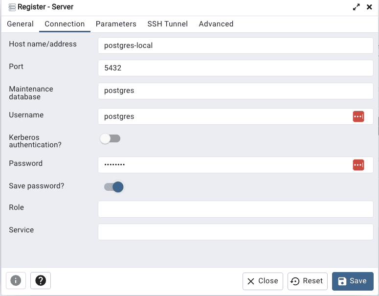 Adding the workstation local database as a new server in pgAdmin (2 of 2)