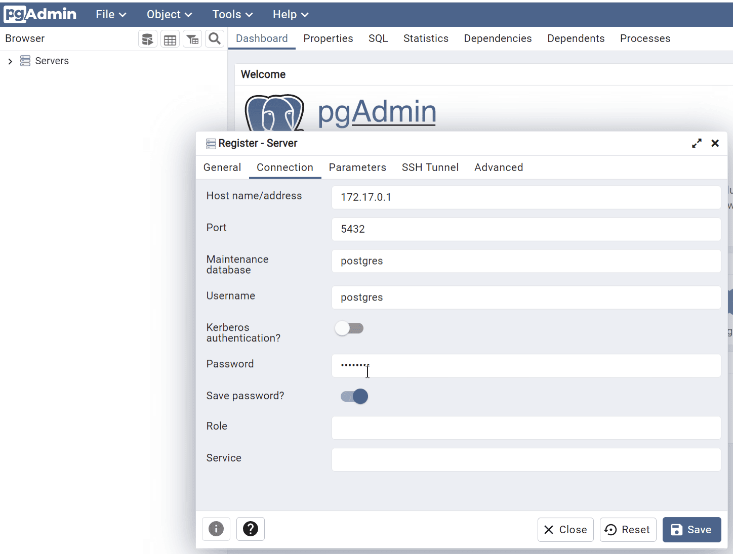pgAdmin connection settings