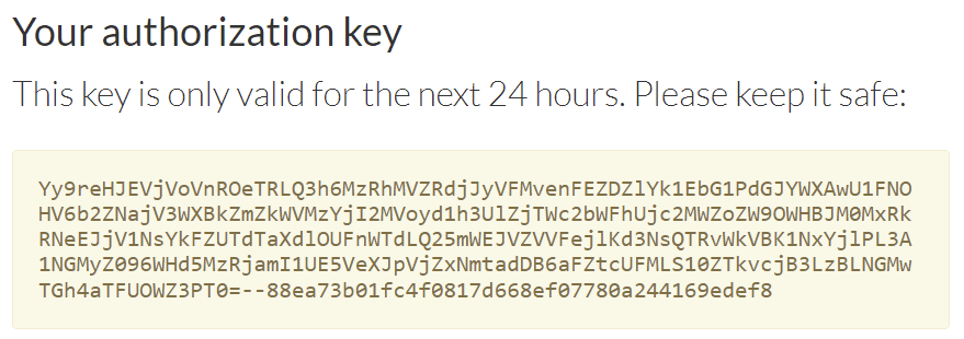 Generating a temporary CLI authorization key (2 of 2)