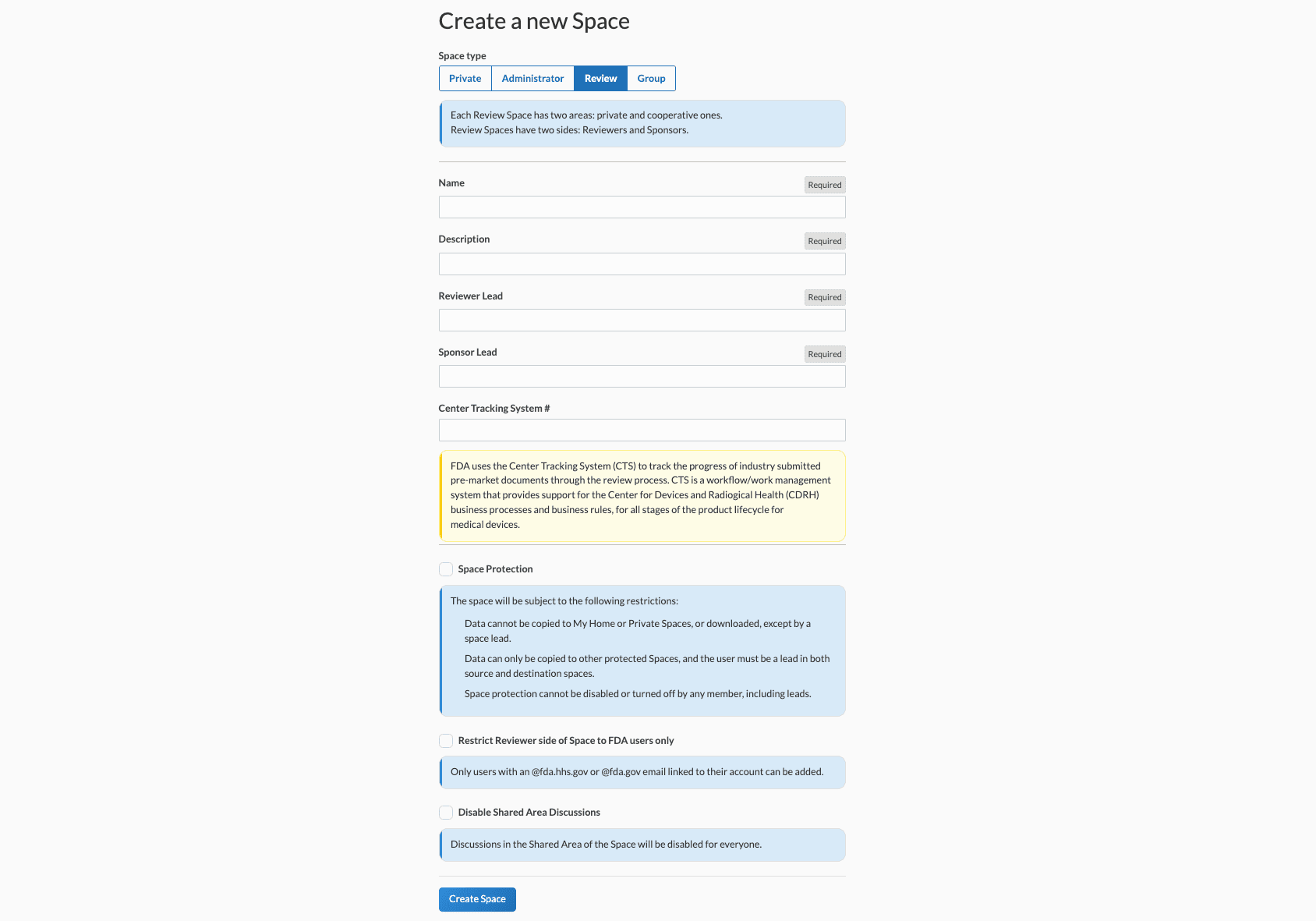 Create new space page with Type, Name, Description, Reviewer lead, Sponsor Lead and optional settings fields