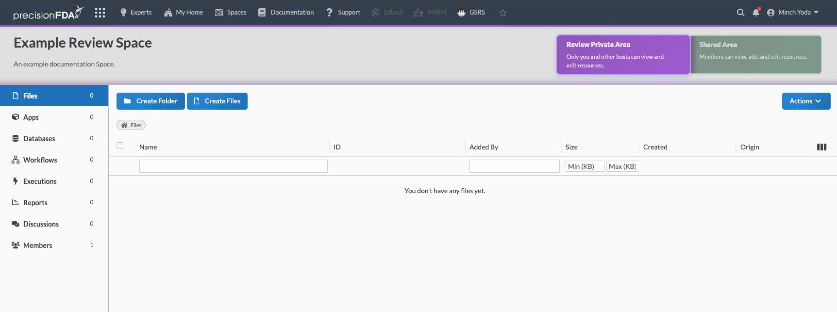 Example of an empty Review Space