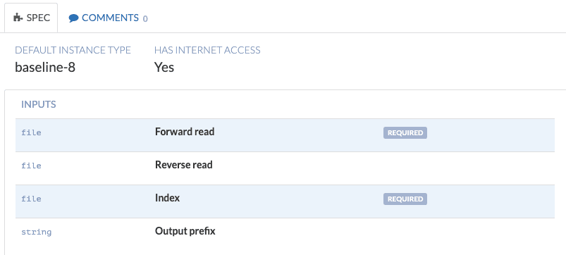Requried and optional inputs under SPEC tab