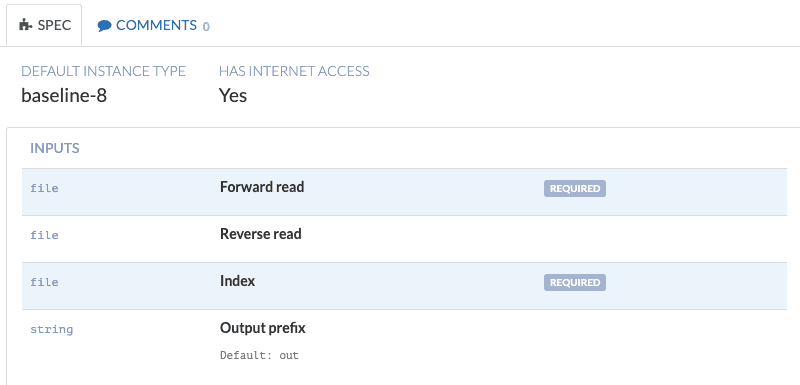 Requried and optional inputs under SPEC tab