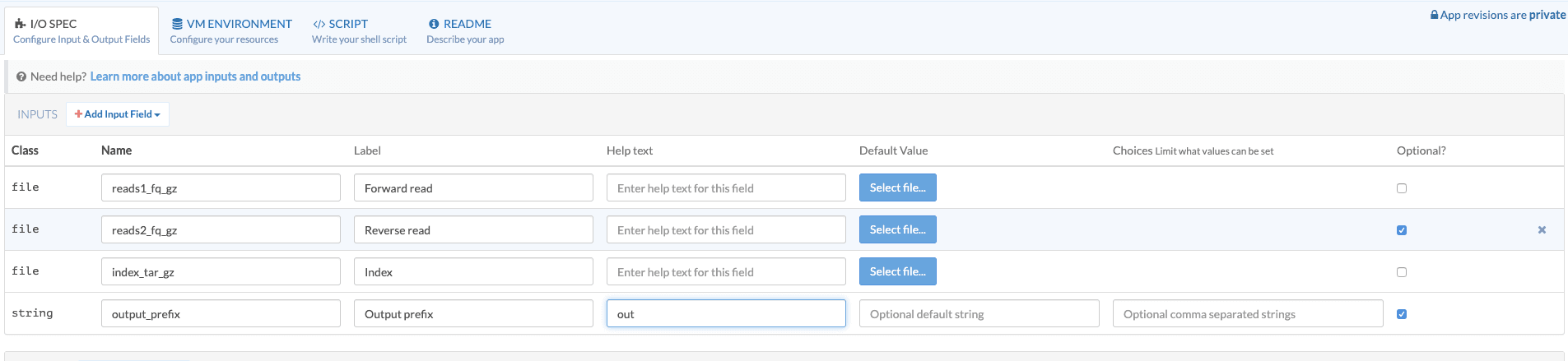 WDL I/O Spec tab with Class,Name,Label,Helptext,DefaultValue,Optional field labels