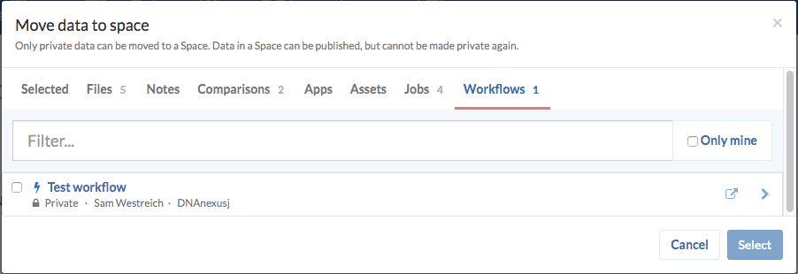 Move data to space page overview with Workflows tab selected