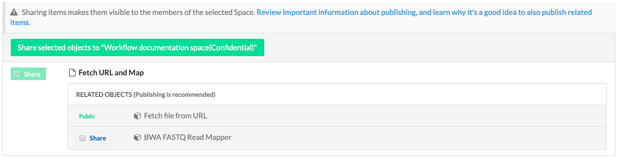 Share workflow objects page